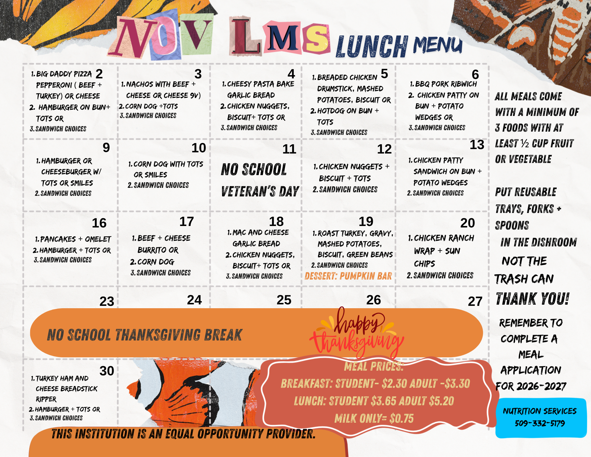 LMS November school lunch menu
